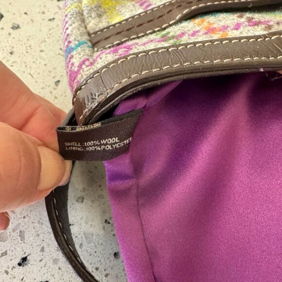 COACH Penelope Wool Tattersall Tweed Leather Trim Tote Shoulder Hand Bag Top Zip - Picture 5 of 13